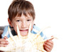 young boy with sea shell over white young boy with sea shell over white