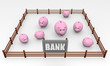 Concept of bank with some piggy banks in a paddock