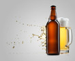 Beer into glass and bottle on a gray with splash Beer into glass and bottle on a gray with splash