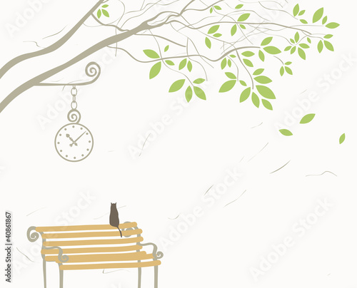Vector: landscape with tree and cat on bench landscape with tree and cat on bench