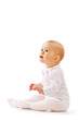 Small child play with toys on white background