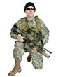 US soldier with his assault rifle on white background
