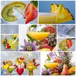 Collage with pictures of different cocktails and fruits