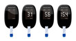 Blood glucose test meters showing low, normal and high reading