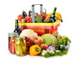 Plastic shopping basket and grocery isolated on white