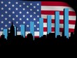 Midtown Manhattan skyline and graph over flag illustration