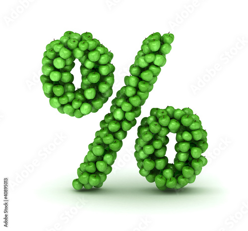 Illustration: Percent symbol, alphabet of green apples Percent symbol, alphabet of green apples