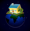 Planet with house and garden at night. Vector