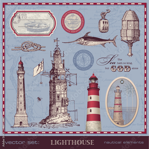 Vector: vector set: lighthouse - vintage nautical design elements vector set: lighthouse - vintage nautical design elements