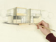 Photo: woman's hand drawing architectural sketch of house woman's hand drawing architectural sketch of house