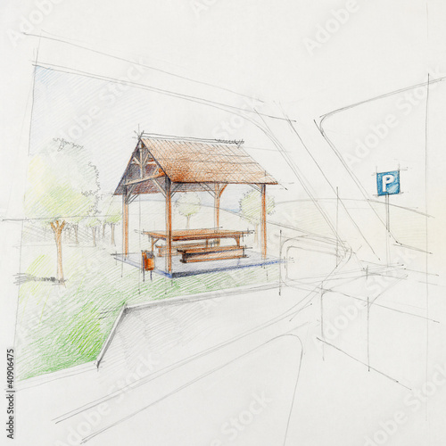 Foto: sketched perspective of wooden turret, car park sketched perspective of wooden turret, car park
