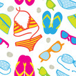 Vector: Seamless with bikini sets, sunglasses, flip-flops and sun hats Seamless with bikini sets, sunglasses, flip-flops and sun hats