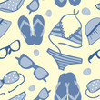Vector: Seamless with bikini sets, sunglasses, flip-flops and sun hats Seamless with bikini sets, sunglasses, flip-flops and sun hats