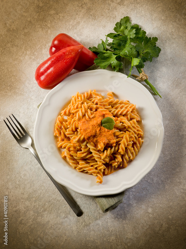 Photo: Fusilli with pepper cream sauce, healthy food Fusilli with pepper cream sauce, healthy food