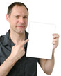 Businessman holding blank poster for your text