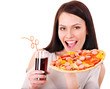 Woman holding pizza.