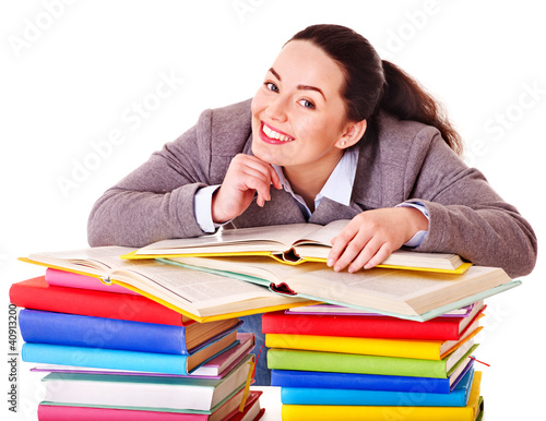 Photo: Woman holding book. Woman holding book.
