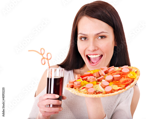 Photo: Woman holding pizza. Woman holding pizza.
