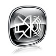 speaker off icon black glass, isolated on white background.