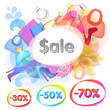 Sale vector background with bags, shoes and perfume.