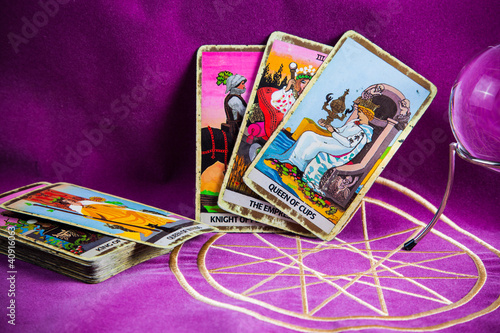 Photo: Tarot cards with the crystal ball. Tarot cards with the crystal ball.