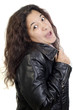 happy young woman in a leather jacket happy young woman in a leather jacket