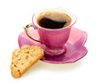 Ceramic mug with coffee and crispy toast with almonds