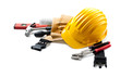 isolated hard hat with tools and blueprint on white