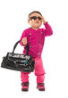 Baby girl model with sunglasses and hand bag over white Baby girl model with sunglasses and hand bag over white