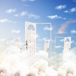 White door against blue sky background