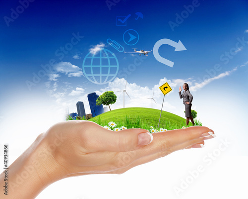Illustration: Human hand holding a green landscape Human hand holding a green landscape