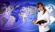 Young woman against world map background