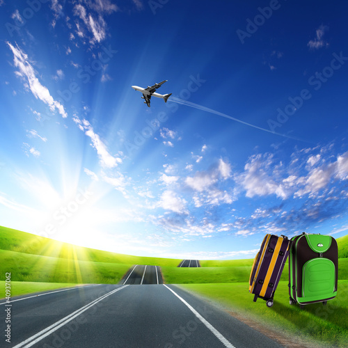 Illustration: Red suitcase and plane Red suitcase and plane