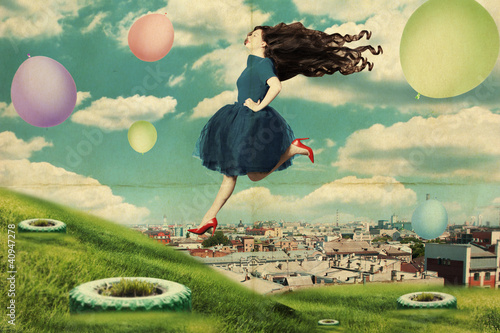 Photo: art collage with beautiful young woman in blue dress art collage with beautiful young woman in blue dress