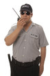 Security guard hand holding cb walkie-talkie radio