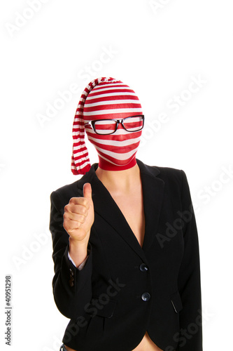 Foto: funny business woman with thump up isolated on white funny business woman with thump up isolated on white