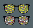 Retro sunglasses with dog and frog  reflection in it.