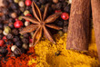 Closeup of spices composition, anise, cinnamon, paprica, curry,