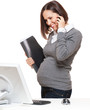 studio shot of pregnant woman with phone