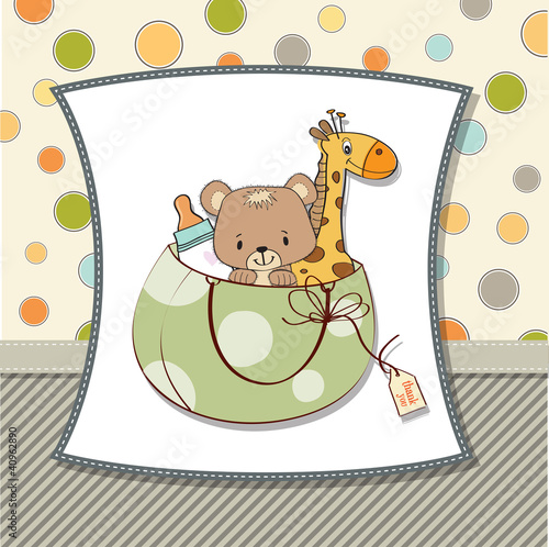 Vektor: new baby announcement card with bag and same toys new baby announcement card with bag and same toys