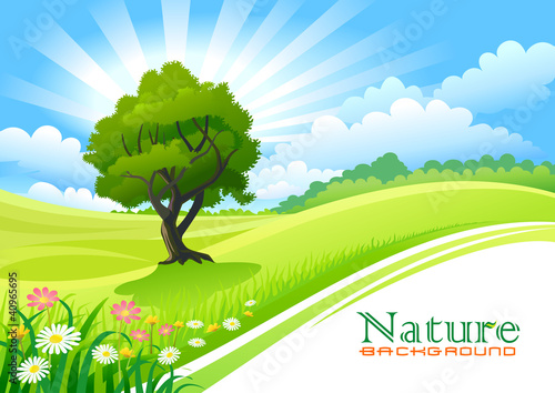 Vector: Tree with Graphic Wave and Flowing Green Field Tree with Graphic Wave and Flowing Green Field