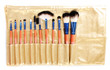 Set of make-up brushes in golden leather case isolated on white