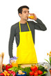 Chef man drinking orange juice