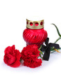 Memory lantern with candle,  carnations and black ribbon