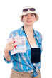 Happy traveller woman with passport