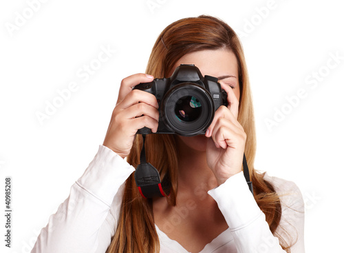 Photo: Junge Frau mit digitaler Spiegelreflexkamera Junge Frau mit digitaler Spiegelreflexkamera
