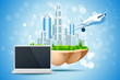 Blue Backgtound with Business City Laptop and Aircraft Blue Backgtound with Business City Laptop and Aircraft