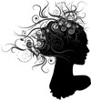 Female head silhouette with floral hairstyle on white background