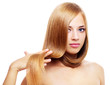 Pretty girl with long hair on white