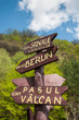 Tourist sign post showing various destinations